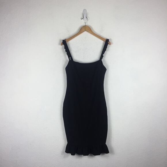 Likely Carmen Black Ruffle Knee Length Dress Size 8 Sleeve Stretch Flutter Hem - Picture 3 of 16